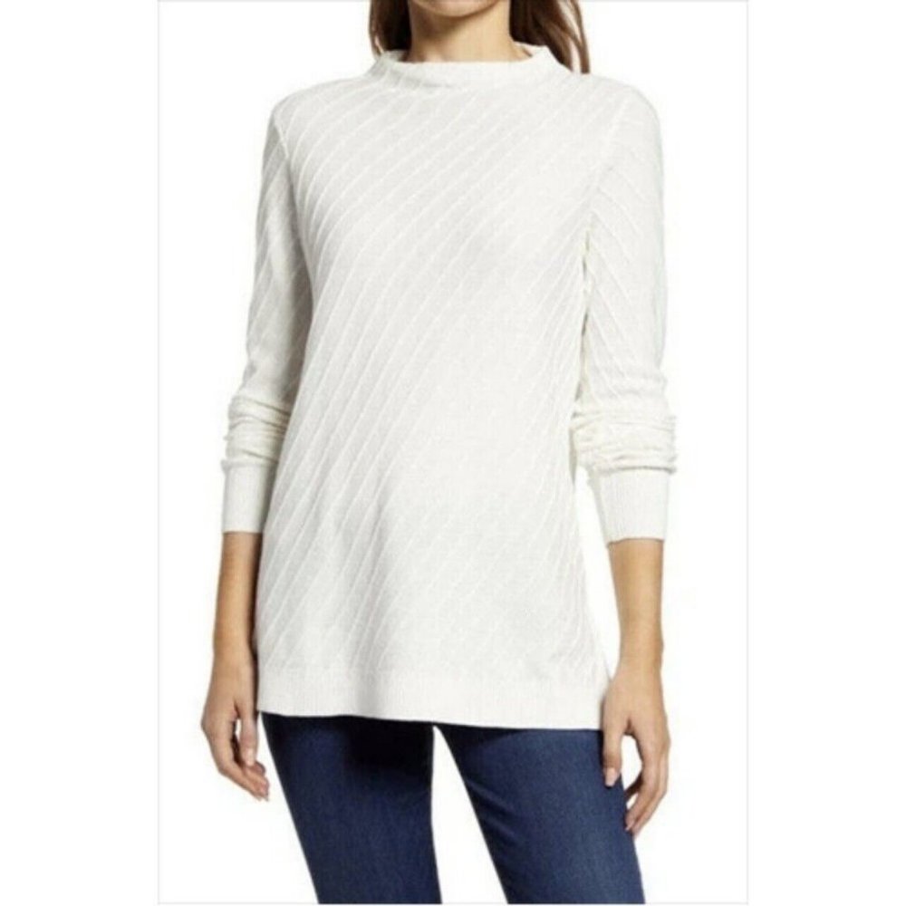 VINCE CAMUTO Womens Mock Neck Diagonal Textured Knit Sweater Antique White L